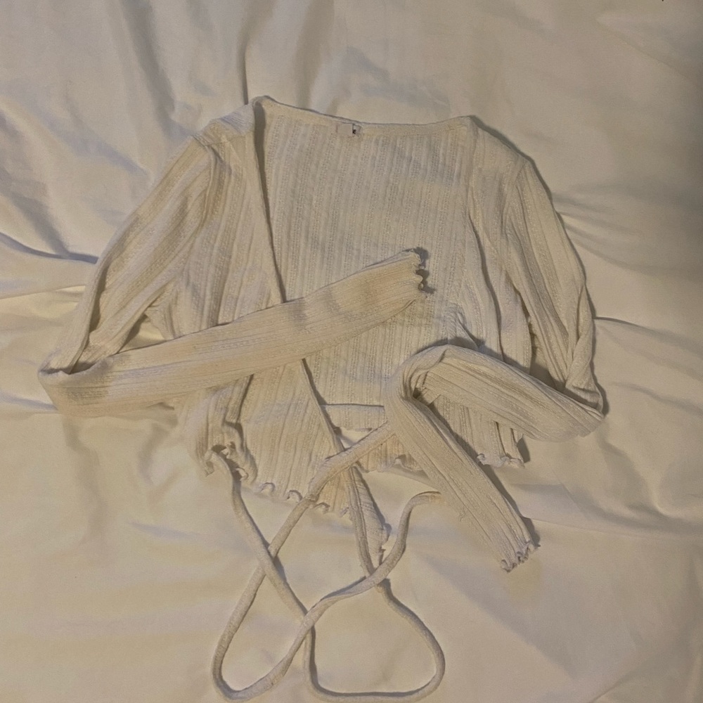 white wrap frilly long sleeve